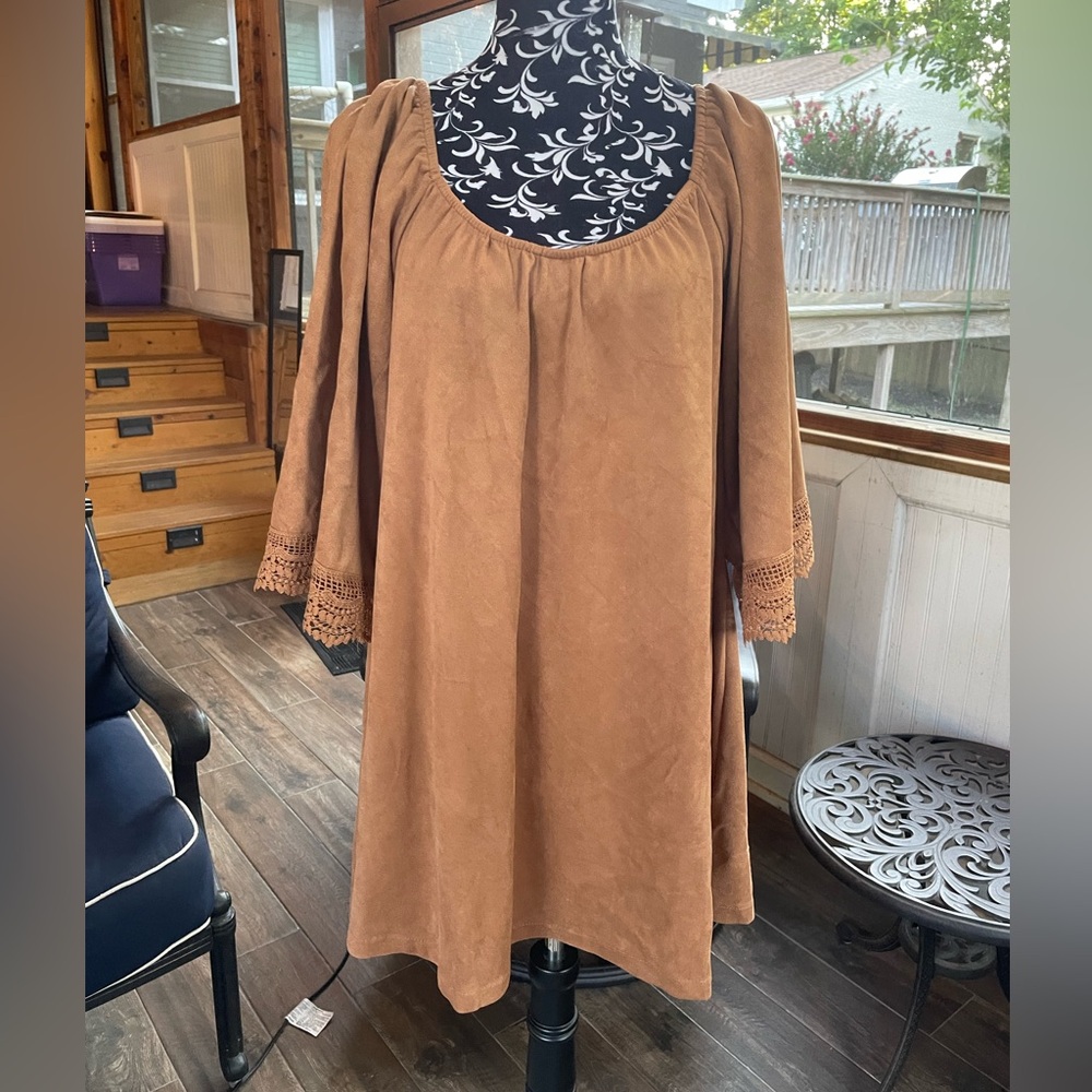 NWT Brown Boho Faux Suede Minidress or Tunic with Crochet Sleeves